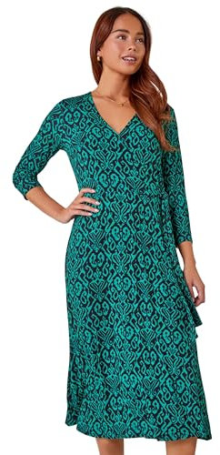 Roman Wrap Tea Dress for Women UK Ladies Fit Flare Skater Swing Stretch Frill Long & Short Sleeve Evening Cocktail Party Work Office Smart Casual Knee Length - Petite Green Noir - Size 14