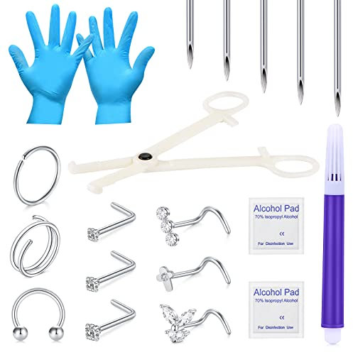 NIUSIMAN 18PCS Piercing Kit, 18G & 20G Needles, CZ Nose Screw Studs, Double & Hoop Captive Nose Rings, Stainless Steel Jewelry for Septum Piercing