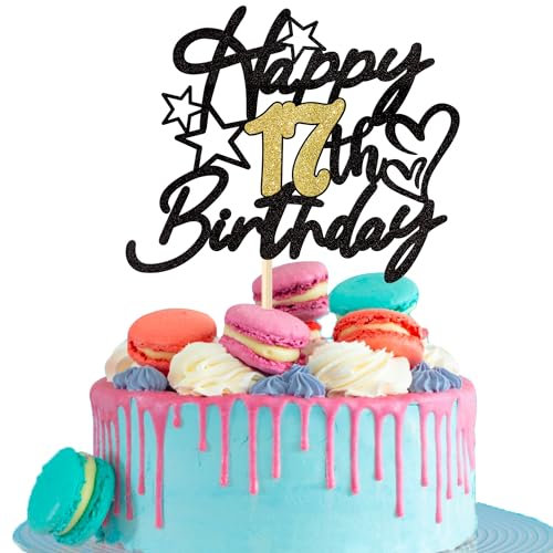 SYKYCTCY 1 Pack Happy 17th Birthday Cake Topper Glitter Love Star Cheers to 17 Years Seventeen 17 Fabulous Birthday Cake Pick for Sweet 17 Birthday Anniversary Party Cake Decoration Supplies