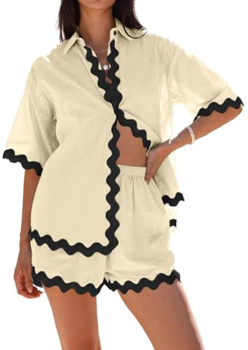 Danedvi 2-teiliges Damen-Outfits, Strandurlaub, Sommer, kurzärmelig, Button-Down-Shirts und Shorts, Lounge-Sets, Beige, L
