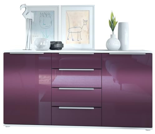 Vladon Sideboard Linio 139 x 72,5 x 35 cm Anrichte mit 2 Türen und 4 Schubladen, Korpus in Weiß matt, Fronten in Brombeer Hochglanz