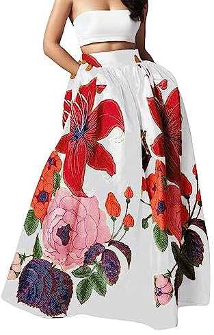 Damen Lang Blumen Hohe Elastische Taille mit Taschen und Gürtel Maxi Skirt Faltenrock Strandrock Freizeitrock Bedruckter Rock Elastisch Maxirock Damen Blumen Röcke