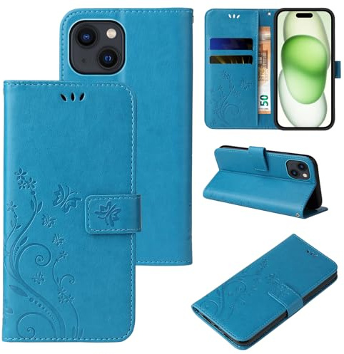LBH Handy Hülle für Apple iPhone 15 Case Handytasche Schmetterling Blumen Flower Standfunktion Schutzhülle Magnet Rundum Schutz 360 Grad Flipcase Cover Blau
