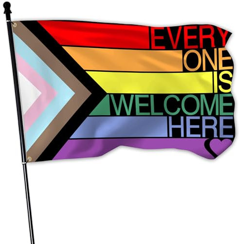 Everyone Is Welcome Here Flagge, 90 x 152 cm, für den Außenbereich, Polyester, doppelseitig, LGBTQ, Pansexuell, Regenbogen-Flaggen für Innenbereich, Haus, Hof, Außenbereich, Banner, Dekoration