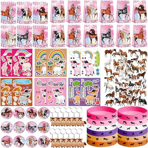 ENCETARDE Partyzubehör mit rosa Pferden, 113 Stück: 41 Aufkleber, 12 Goodie-Tüten, 12 Knopf-Abzeichen, 12 Schlüsselanhänger, 12 Mini-Notizblöcke, 12 Gummi-Armbänder für Mädchen, Frauen, Cowgirl-Pferd