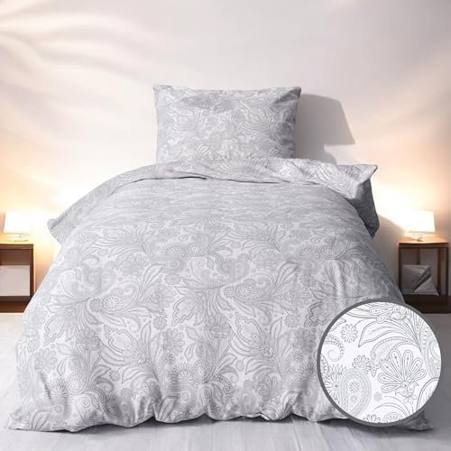 LINKHOFF Baumwollbettwäsche 155x220cm + 80x80cm 2tl. - Zweigemuster in Grau Weiß - 100% Baumwolle - Biber Bettwäsche-Set Aesthetic Blumen Floral Paisley