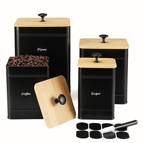 PERFNIQUE Küchen Vorratsdosen Set - 4er Kaffee Mehl Zucker Salz Aufbewahrung Set, Lebensmittel Vorratsdosen Mit Luftdicht Deckel (Schwarz)