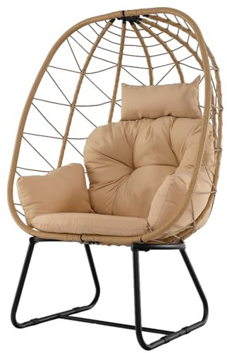 COSTWAY Fauteuil Oeuf sur Pieds avec Support en Métal, Hamac Balançoire sur Pied en Rotin PE avec Coussin Épais et Appui-Tête, Chaise Hamac pour l'Intérieur et l'Extérieur, Charge 150 KG (Beige)