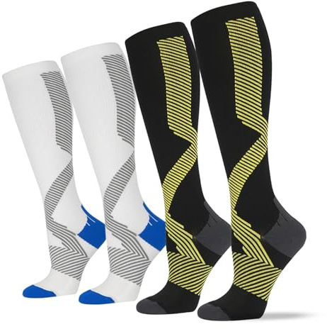 OndaCore Kompressionsstrümpfe Sport, Laufstrümpfe Damen & Herren, Kompressionssocken mit Anti-Blasen Schutz, Stützstrümpfe für Muskelerholung & Workouts(Weiß/Schwarz,L-XL)