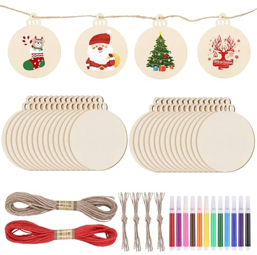 Zocipro 40Pcs Ornamenti Natalizi in Legno, Forma Rotonda della Lanterna Ornamenti con 12 Penne Colorate e 20m di Spago, per Appendere gli Ornamenti dell'albero di Natale, Progetti Artigianali