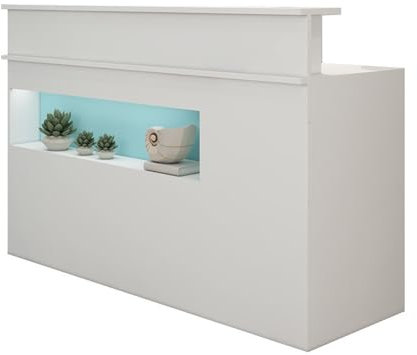 Rezeptionstheke mit Ausstellungsregal und abschließbaren Schubladen, L-förmiger Empfangstresen für den Einzelhandel, Warmweiß, 333,8 x 49,8 x 99,8 cm