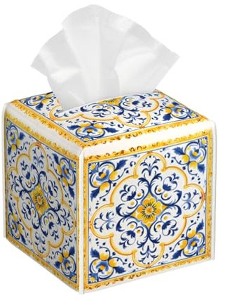 Mexpekil Copertura quadrata per scatola di fazzoletti giallo blu con motivo a piastrelle in ceramica PU pelle impermeabile porta fazzoletti cubo di carta facciale per auto bagno cucina