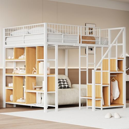 Kebnor Multifunktionales Hochbett 140 x 200 cm, Metallbett mit Stauraum, Ablageflächen und Treppe, Erwachsenenbett und Kinderbett (weiß)