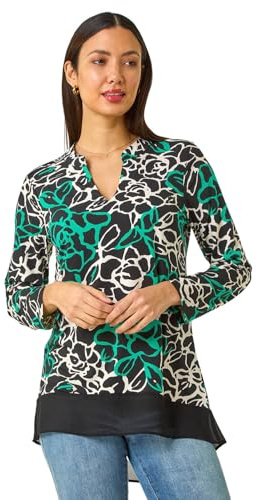 Roman Originals Floral Print V-Neck Tunic Top for Women UK - Ladies Everyday Autumn Winter V-Neckline Comfy Soft Evening Vacation Work Party Night Out