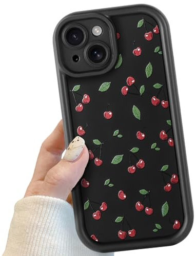 Black Cute Cherry Phone Case for iPhone 15 Plus, Cute Red Cherry Pattern Shockproof Bumper Phone Case for Women Girls, Soft TPU Slim Girly Cute Protective Cover for iPhone 15 Plus