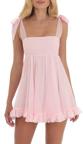 Fiacafyo Women Summer Sleeveless Mini Dress Y2k Backless Bow Tie Straps Ruffles Dress Beach A-line Babydoll Party Short Dress (B-Pink, S)