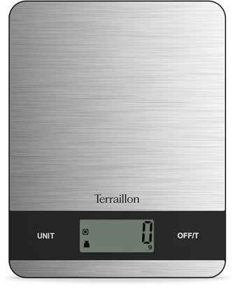 TERRAILLON - SLIM STEEL - Balance de cuisine électronique, Grand écran LCD, Plateau Inox, Design ultra slim, Capacité 5 kg, Graduation 1 g,Tare - Convesion liquides, Arrêt automatique, Inox