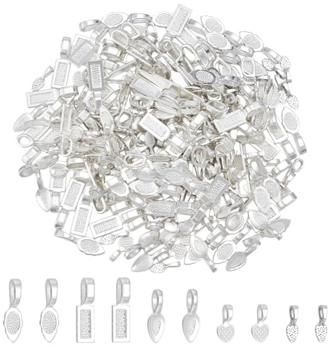 AHANDMAKER 225Pcs 5 Styles Glue-on Bails Pendants, Flat Pad Bails Pendants Charms Tag Bail Pendants for Necklace Bracelet Earring Jewelry Making, Crafting, Antique Silver