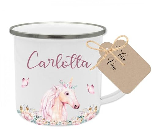 Manufaktur Liebevoll Namenstasse Kinder Kindertasse Personalisiert Emaille Tasse Mädchen Junge Geschenk Einhorn Becher