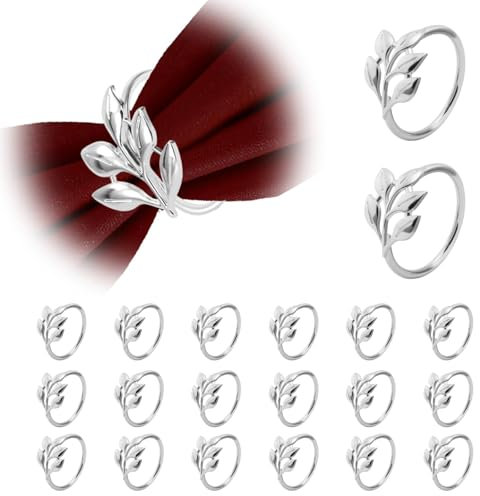 JVHLOV 20 Stück Napkin Rings Serviettenringe, Metall Serviettenschnallen, Metall Serviettenschnallen Blätter, für Hochzeit Party Ramadan Bankett Tischdekoration (Silber, Standardgröße)