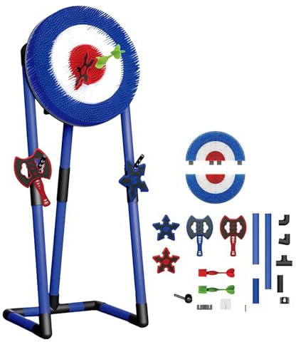 Axe Throwing & Lawn Dart Game Set with 6 Darts (2 Axes+2 Six-Star + 2 Throwing), Foldable Frame, Backyard, Camping, Games, Indoor/Outdoor Fun for Kids & Adults,Blue-Round