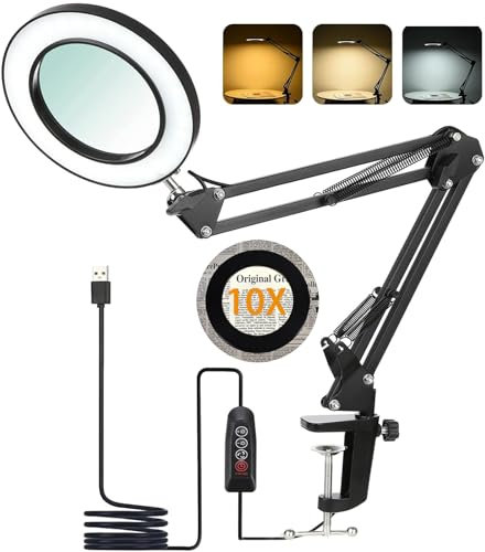 10X LED Lupenleuchte mit Klemme & Standfuß,Vergrößerungslampe mit 72 LEDs,3 Farbmodi,10 Helligkeitsstufen,Dimmbar,Flexibler Schwenkarm für Lesen,Nähen, Schmuck,Reparatur,Schwarz