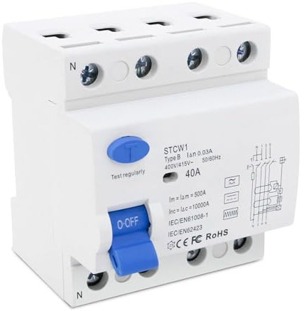 FI Schutzschalter 40A 30mA 4 Polig,Fi Typ B,Allstromsensitiv RCD für Photovoltaikanlagen & Ladestationen,Fehlerstromschutzschalter mit 10kA Schaltvermögen,Fi Schalter,RCD Typ B