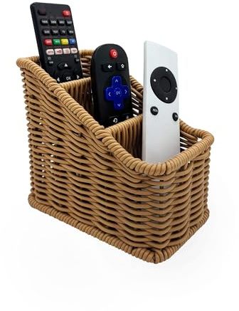 Handwoven Wicker Remote Control Holder,Rustic Rattan TV Remote Caddy Storage Box for Table, Farmhouse Desk Organizer Office Supplies,Makeup Brush Holder,Utensil Caddy (Natural Brown, Small - 3 Comp.)