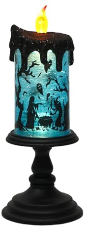 Eldnacele Halloween Schneekugel flammenlose Kerze mit Timer, batteriebetrieben, gruselig drehendes Wasser, glitzernde Tornado-Lampe, LED-Kerzenständer, Tischkamin, Hexe, Aufkleber