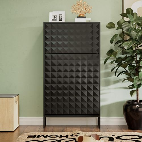 PREMTURE Schuhschrank Schmal Schuhregal, Schuhkipper mit 3 Klappen, Schuhablage Montiert und Wandmontage (Schwarz, 3 Klappen) leichtes Luxus-Stil, 131.3 x 23.6 x 68 cm, MDF