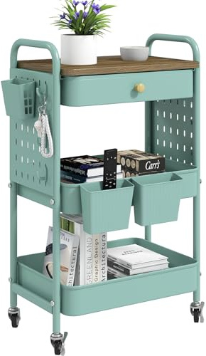 danpinera 3 Tier storage trolley, Metal storage cart with DIY Pegboard & Drawer, storage trolley on wheels with Hooks & Hanging Cups for Living Room, Kitchen, Bathroom, Office, Green