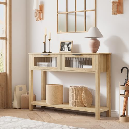 Salutmeuble Table d'Entrée, Table Console en Bois avec 2 Tiroirs en Verre, Console Meuble à 2 Niveaux avec Rangement pour Salon, Chambre, Couloir 110 * 30 * 80cm
