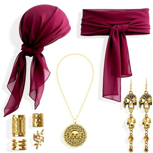 Anruzon Mittelalter Piratenkostüm Zubehör Set Damen Herren Piraten Verkleidung Accessories Kopftuch Halskette Verstellbarer Loc-Schmuck für Zöpfe Piratengürtel für Karneval Halloween Cosplay Party