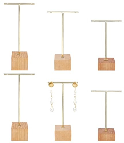 FINGERINSPIRE 6Pcs T Bar Earring Display Stand 114/139/159mm Golden Metal Jewelry Display Stand with Square Wooden Base Jewelry Photography Prop Holder for Retail Store Showcase and Home Organization