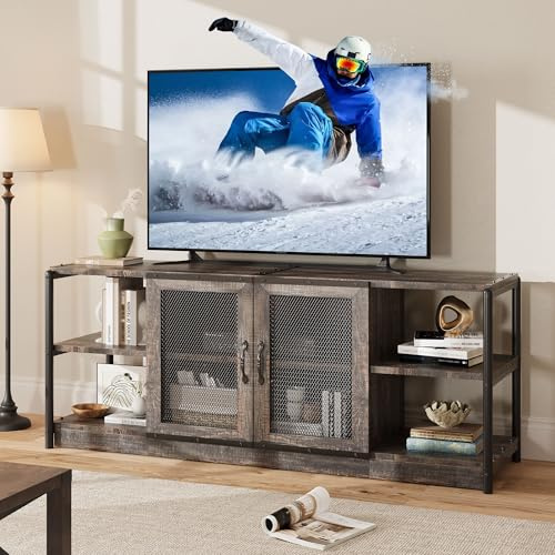 TV-Schrank, Lowboard für Fernseher bis zu 70 Zoll, Fernsehtisch mit 2 Tür, 4 Offenen Fächern, 153 x 47 x 64 cm, TV-Regal Stahlgestell, Industrie-Design für Wohnzimmer, Esszimmer und Schlafzimmer