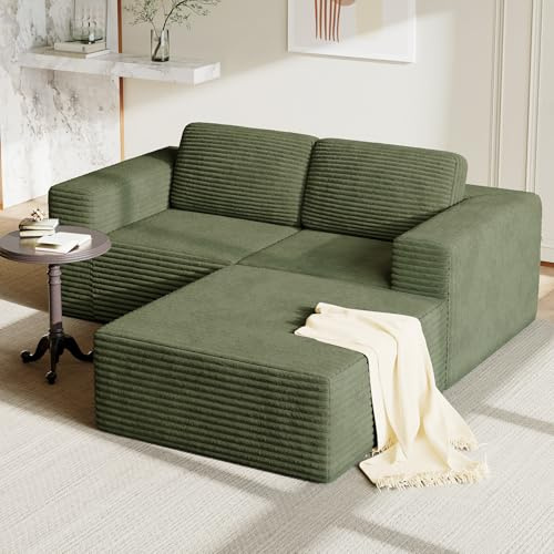 Vesgantti 202 cm Modulares Ecksofa L-Form, 2-Sitzer Cord Sofa mit Federkern, Extra Tiefe Sitzfläche, Komfortables Polstersofa mit Ottomane, Ohne Montage, Rutschfester Boden, Grün