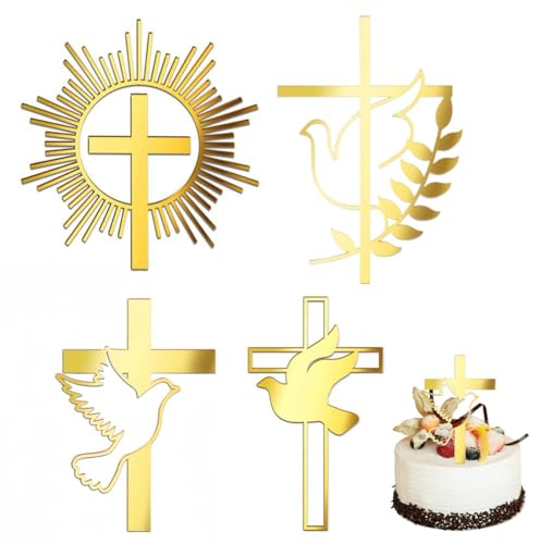YUZNA 4 Pcs Taufe Tortendeko, Acryl Kuchendekorationen mit Kreuz und Taube, Geburtstag, Kommunion (Gold)