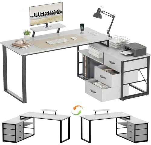 JUMMICO Schreibtisch mit Schubladen, 140 x 100 cm Eckschreibtisch, L Form umkehrbarer Schreibtisch, mit 3 Schubladen und Stauraum, mit Steckdose und USB-Ladeanschluss (Grau, 140 x 105 cm)