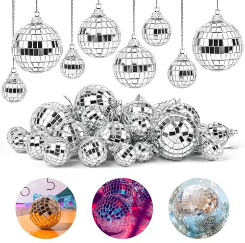32Stück 4Größen Mini Discokugel Set Silber Spiegel Ball Disco Spiegelkugel | zum Aufhängen Mirrorball Deko Klein Hängekugel Discokugeln Glänzend 2/3/4/5cm für Weihnachtsbaum Hochzeit Party