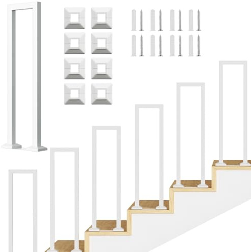 Fiqops Corrimano per scale a forma di U, 100 cm, bianco, in metallo, ringhiera esterna per scale, per interni, tubo quadrato, montaggio a gradini, per scale, ingresso, balcone, terrazza
