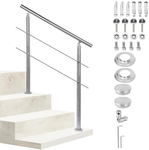 Monucep Handlauf Edelstahl 100 cm, Treppengeländer mit 2 Querstreben | Rostfrei, Wetterfest, Gebürstet, Winkelverstellbar für Innen & Außen und für Treppen, Balkon & Eingang