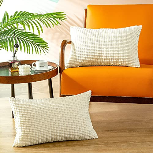 CaliTime Kissenbezüge Kissenhülle 2er-Pack Comfy Bolster Pillow Covers Cases for Couch Sofa Bed Comfort Supersoft Cord Corn Striped Both Sides 30cm x 50cm Cream