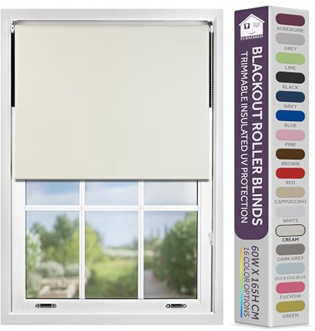FURNISHED Blackout Roller Blind with Metal Fittings Trimmable Insulated Thermal Fabric Heavy-duty Easy Install Brackets Window Roller Blinds - Cream, 210W x 165H cm