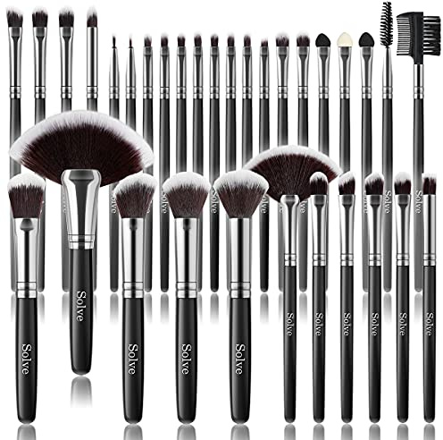 Makeup Brush Set, SOLVE 32 Pieces Professional Makeup Brushes Wooden Handle Cosmetics Brushes Foundation Concealer Powder Face Eye Make up Brushes Kit, Black