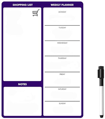 TMS Magnetic Weekly Planner and Dry Wipe Pen, Meal Planner and Shopping List, Fridge Whiteboard for Meal Prep, Notes and Reminders, Daily Plan - Dry Erase Memo Board, Kitchen or Office (Purple, A4)
