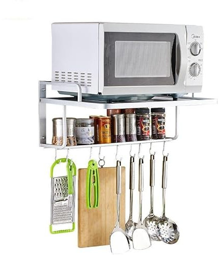 Estante para horno microondas, estante de aluminio para colgar en la pared, doble capa, soporte para horno de microondas, organizador de almacenamiento de cocina, 55 x 38,5 x 25 cm