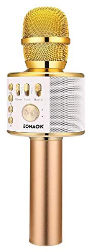 BONAOK Microfono Karaoke Wreless Bluetooth, 3-in-1 Palmare Portatile Karaoke Mic Regalo di Compleanno Altoparlante per Feste a Casa per iPhone/Android/iPad,PC Smartphone Oro chiaro