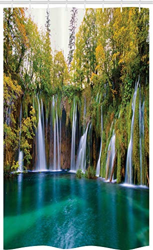 ABAKUHAUS Croatie Rideau de Douche Stalle, Beaucoup de Petites Chutes d'eau Photo, Ensemble de Salle de Bain en Tissu en Crochets, 120 x 180 cm, Teal Vert
