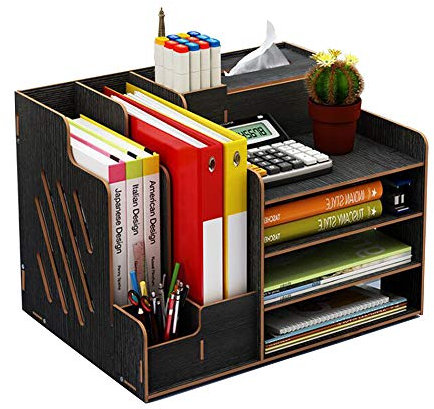 Hggzeg Schreibtisch-Organizer aus Holz, großes Fassungsvermögen, Aufbewahrungsbox für Bürobedarf (B07 Schwarz)