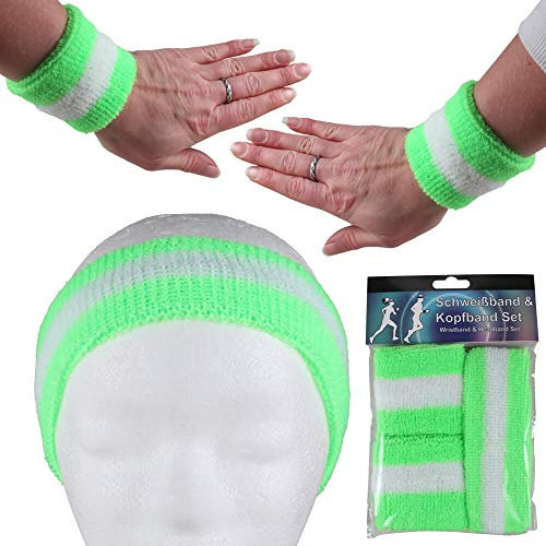 Stirnband Schweißband Set Damen Herren Sport Elastisch Schweissband Fitness Gestreift Stirn Retro Frottee 80er Jahre Schweißbänder Fasching Karneval neon grün - weiß